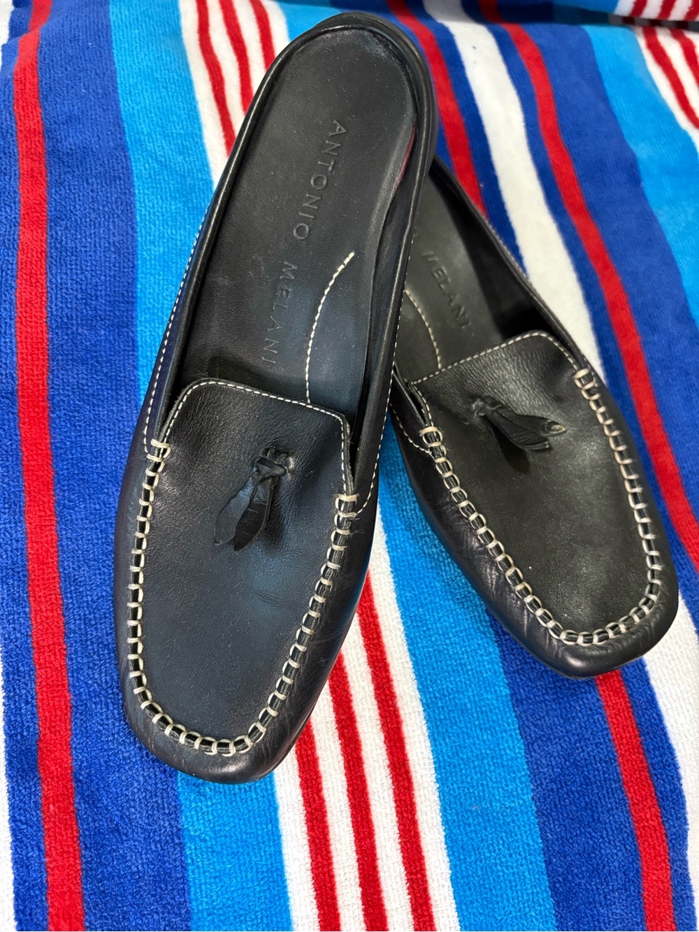 ANTONIO MELANI Black Leather Tassel Moccasin Flats